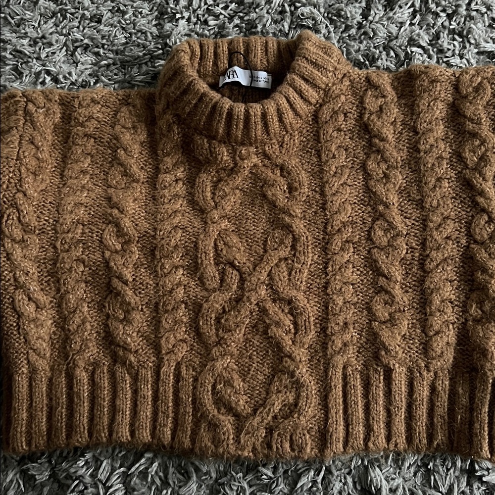 Cable Knit Cropped Sweater - Brown - image 6